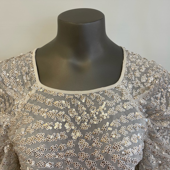 Express Top Women’s M Ivory Sequin Blouse Puff Sleeve Sheer Gold Square Neck - Picture 5 of 11